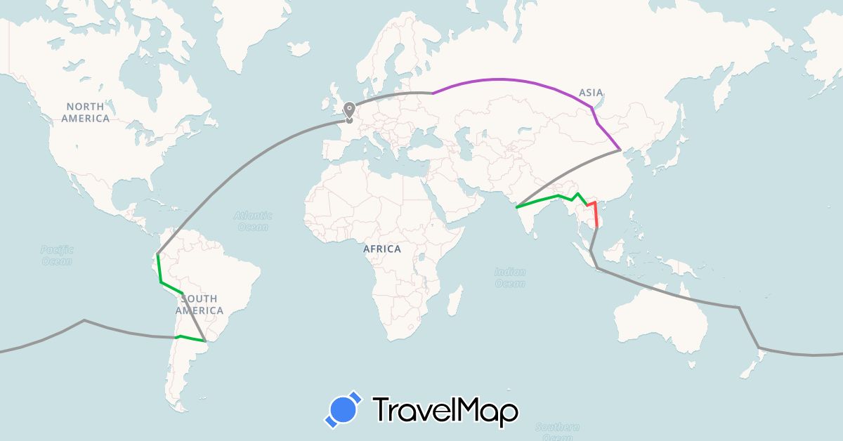 TravelMap itinerary: driving, bus, plane, train, hiking in Chile, France, Indonesia, New Zealand (Asia, Europe, Oceania, South America)